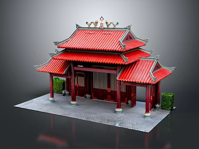 Traditional Chinese Architecture With Red Multi Layered Roof Red Pillars Green Shrubs And Gray Pavement 3d model