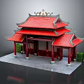 Traditional Chinese Architecture With Red Multi Layered Roof Red Pillars Green Shrubs And Gray Pavement