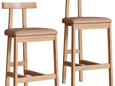 Wooden Bar Stools With Brown Padded Seats And Simple Backrest Design 3d model
