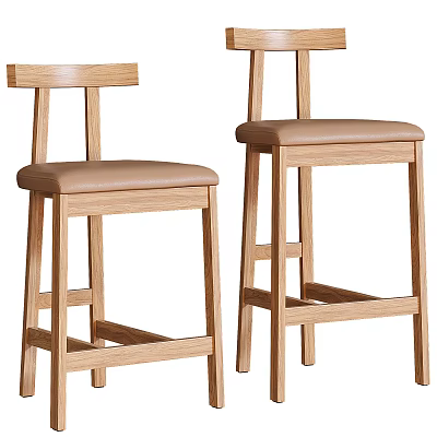 Wooden Bar Stools With Brown Padded Seats And Simple Backrest Design 3d model