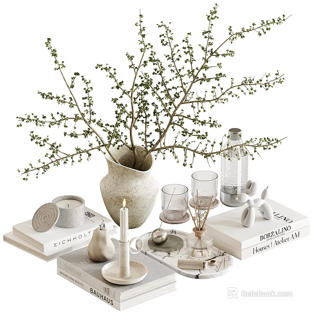 Decorative Tabletop Ornament Set with Vase Twigs Candle Glass and Books 3d model 
