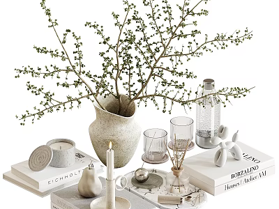 Decorative Tabletop Ornament Set with Vase Twigs Candle Glass and Books 3d model