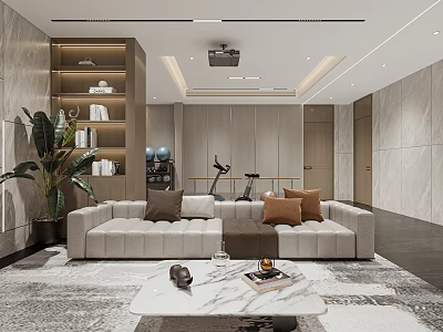 Basement Modern Living Area With Sofa Bookshelf Exercise Equipment Marble Coffee Table And Plant 3d model