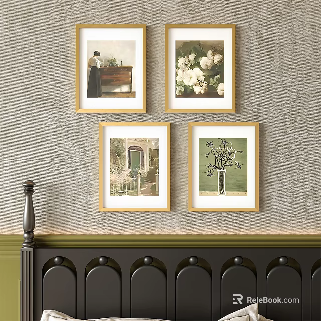 Four Gold Framed Picture Frames Hanging On Gray Textured Wall With Artworks 3d model