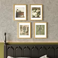 Four Gold Framed Picture Frames Hanging On Gray Textured Wall With Artworks 3d model