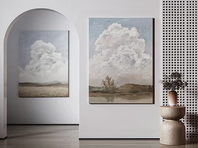 Two Cloud Landscape Paintings In Modern Interior With Arched Doorway And Wooden Vase 3d model