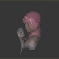 Pink Haired Female Character Holding Microphone Against Gray Background With Small Dots