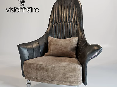 Luxury Leather Leisure Chair With Vertical Striped Backrest Light Brown Cushion And Metal Legs 3d model