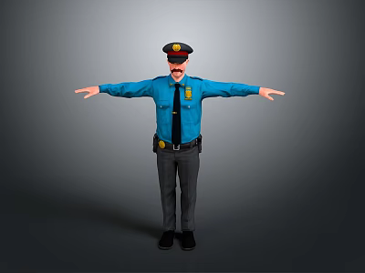 Game Movie Character Of Police Officer In Blue Uniform With Cap And Badge Arms Outstretched 3d model