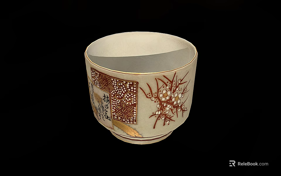 Traditional Artistic Ceramic Ware Cup With Gold Red Floral Patterns And Characters 3d model 