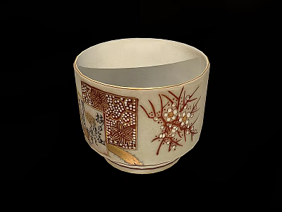 Traditional Artistic Ceramic Ware Cup With Gold Red Floral Patterns And Characters 3d model