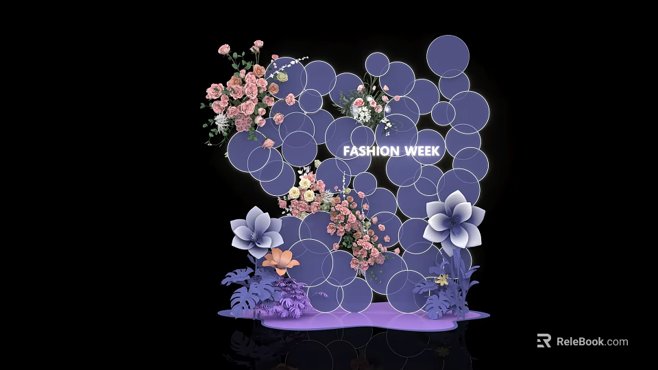 Fashion Week Check In Photo Spot With Purple Circles And Pink White Flower Decorations 3d model 