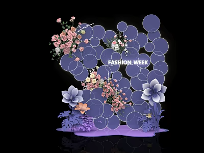 Fashion Week Check In Photo Spot With Purple Circles And Pink White Flower Decorations 3d model