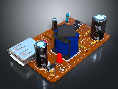 Electronic Circuit Board With USB Port Capacitors Transformer And Resistors 3d model