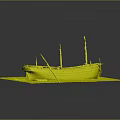 Vintage Ship Model as Water Transport Display on Blue Base with Masts and Deck Equipment