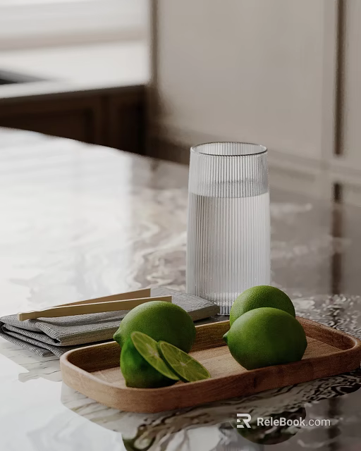Elegant Decorative Ornament Set With Glass Cup Fresh Limes Wooden Tray Chopsticks And Napkin 3d model 