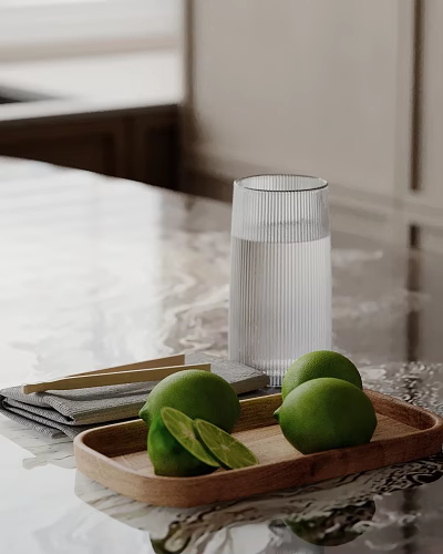 Elegant Decorative Ornament Set With Glass Cup Fresh Limes Wooden Tray Chopsticks And Napkin 3d model