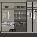 Modern Wardrobe Interior With Slatted Doors Hanging Clothes Open Shelves Drawers And Marble Countertop