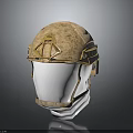 Sand Colored Military Helmet With Worn Texture And Chin Strap Design