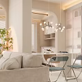 Modern Restaurant Interior With Round White Dining Table Metal Chairs Globe Chandeliers And Window Blinds