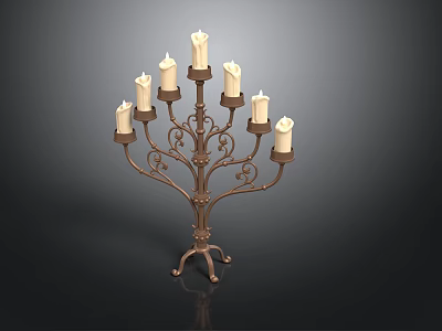 Vintage Metal Candelabra Featuring Intricate Scrollwork And Multiple Lit Candles 3d model