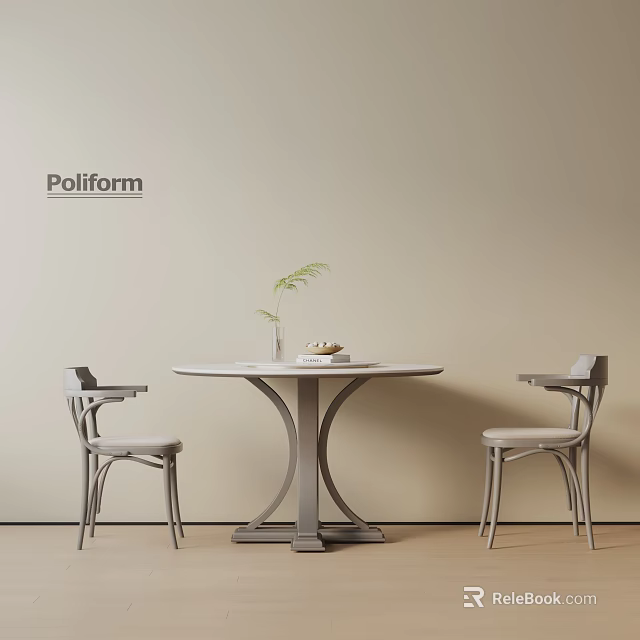 Modern Minimalist Dining Table Set With Round Top Two Chairs And Decorative Plant 3d model 