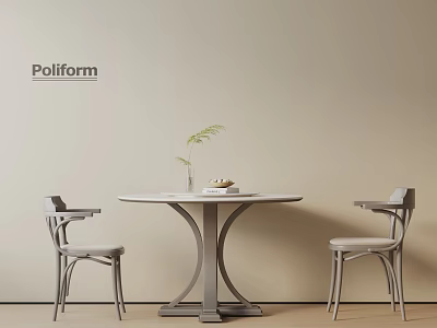 Modern Minimalist Dining Table Set With Round Top Two Chairs And Decorative Plant 3d model