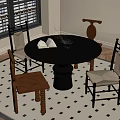 Elegant Round Dining Table Set With Four Chairs And Black White Checkered Rug 3d model