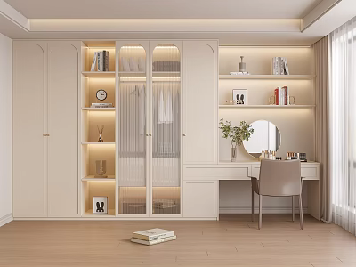 Modern Light colored Wardrobe with Glass Doors Open Shelves and Dressing Table 3d model
