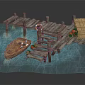 Wooden Boat at Wooden Dock with Cargo Crates and Life Rings on Blue Water