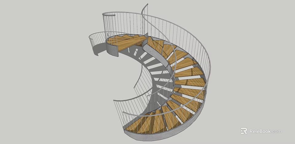Modern Garden Landscape With Spiral Staircase Wooden Treads And Metal Railings 3d model 