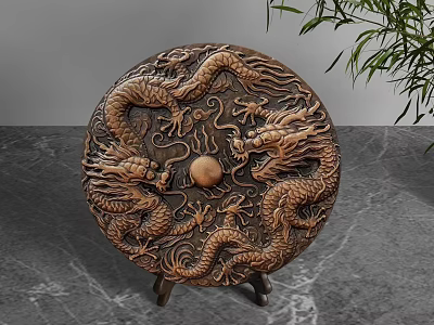 Decorative Ornament Set with Circular Design and Dragon Carvings on Marble Surface with Green Plant 3d model