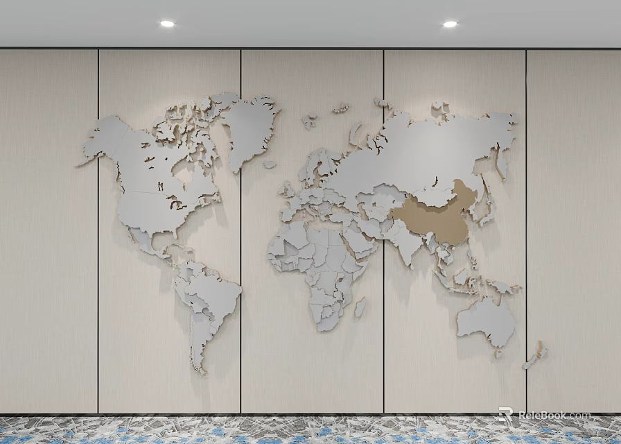 Decorative World Map Wall Decor With Silver And Gold Metal Design 3d model 