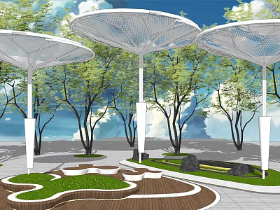 Garden Landscape Design With White Mesh Canopies Trees Lawn And Wooden Paths 3d model