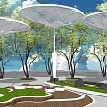 Garden Landscape Design With White Mesh Canopies Trees Lawn And Wooden Paths
