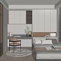 Modern Tatami Bedroom with Bed Desk Chair Cozy Rug Cabinets Window Blinds and Potted Plant
