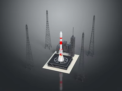 Modern Rocket On Launch Platform With Surrounding Tall Towers And High-Rise Buildings 3d model