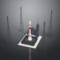Modern Rocket On Launch Platform With Surrounding Tall Towers And High-Rise Buildings