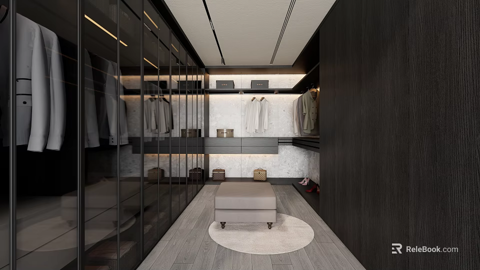 Modern Walk In Closet Interior With Glass Doors Hanging Clothes Storage Cabinets Stool And Rug 3d model 