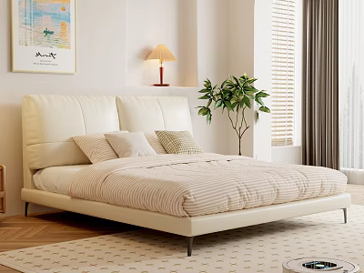 Modern Double Bed with White Leather Headboard Striped Bed Linen Bedside Lamp and Window Plant 3d model