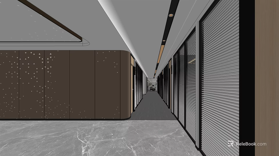 Modern Office Corridor Design With Dark Wall Panels Marble Flooring And Glass Partitions 3d model 