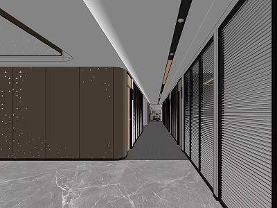 Modern Office Corridor Design With Dark Wall Panels Marble Flooring And Glass Partitions 3d model