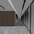 Modern Office Corridor Design With Dark Wall Panels Marble Flooring And Glass Partitions