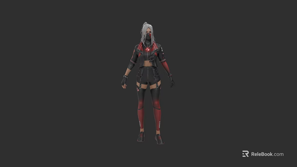 White Haired Game Character In Black Red Combat Outfit With Mechanical Details 3d model 