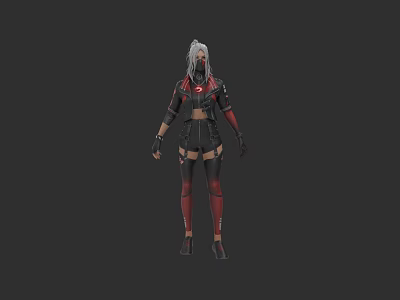 White Haired Game Character In Black Red Combat Outfit With Mechanical Details 3d model
