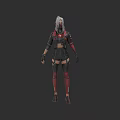 White Haired Game Character In Black Red Combat Outfit With Mechanical Details