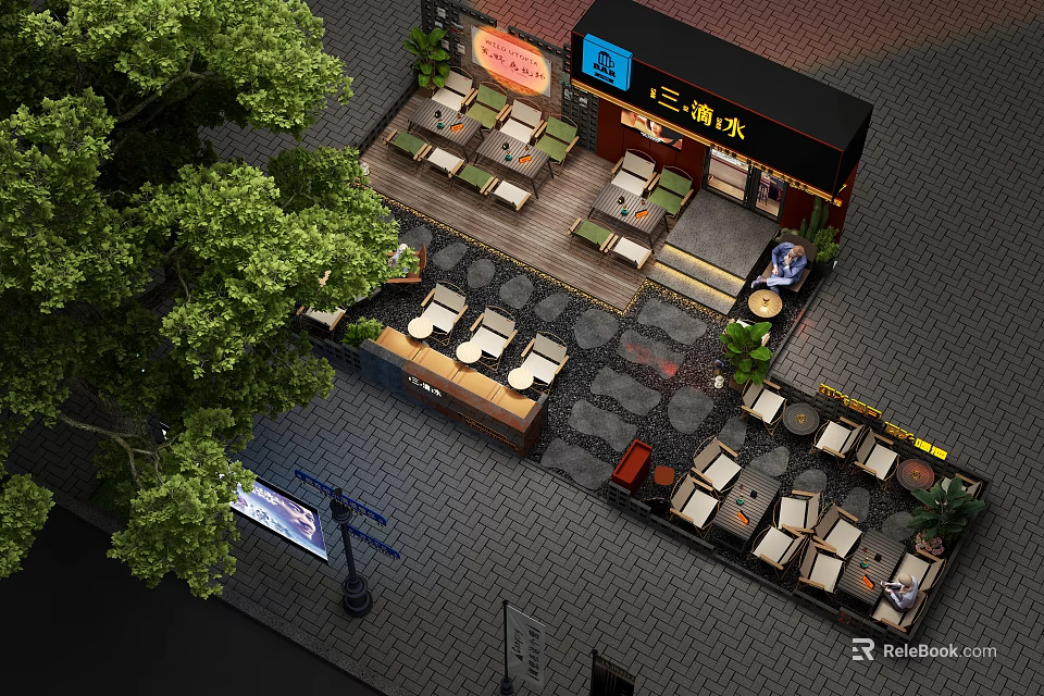 Outdoor Dining Patio Area With Seating Tables Chairs Trees And Signboard 3d model 