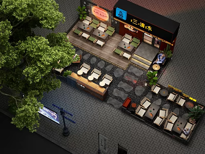 Outdoor Dining Patio Area With Seating Tables Chairs Trees And Signboard 3d model