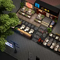 Outdoor Dining Patio Area With Seating Tables Chairs Trees And Signboard