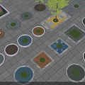 Various Shaped Tree Planters With Circular Square Hexagonal Designs On Paved Ground 3d model